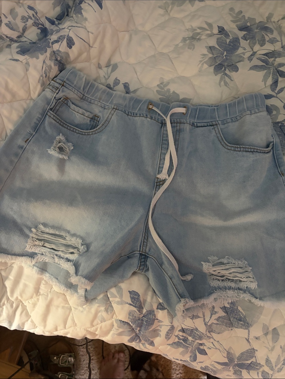 YMI Light Blue Distressed Drawstring Denim Shorts. Xl
